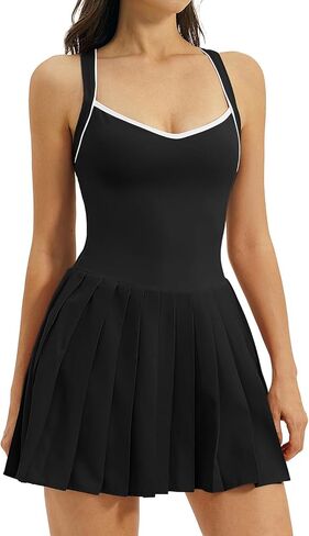 QINSEN Womens V Neck Pleated Tennis Dresses Built in Shorts Cross Back Sleeveless Athletic Dress with Pockets in Saudi Arabia
