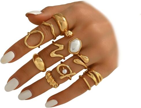 10Pcs Stack Chunky Gold Geometry Pearl Rings for Women, Fashion Oval Wavy Huggie Baroque Pearls Knuckle Finger Ring Delicate Hippie Party Prom Jewelry in Kuwait