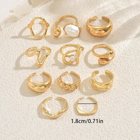 10Pcs Stack Chunky Gold Geometry Pearl Rings for Women, Fashion Oval Wavy Huggie Baroque Pearls Knuckle Finger Ring Delicate Hippie Party Prom Jewelry in Kuwait