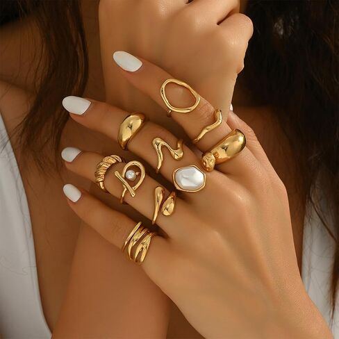 10Pcs Stack Chunky Gold Geometry Pearl Rings for Women, Fashion Oval Wavy Huggie Baroque Pearls Knuckle Finger Ring Delicate Hippie Party Prom Jewelry in Kuwait