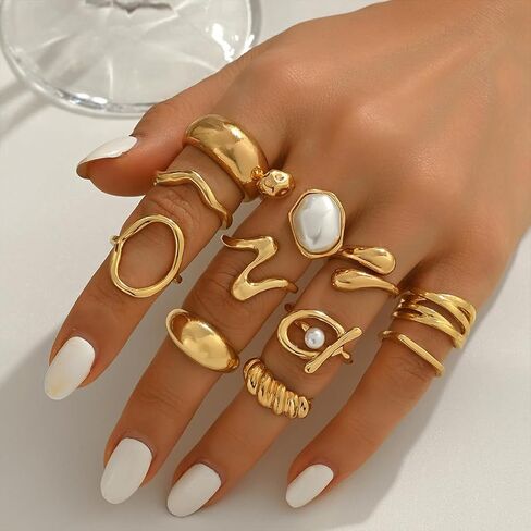 10Pcs Stack Chunky Gold Geometry Pearl Rings for Women, Fashion Oval Wavy Huggie Baroque Pearls Knuckle Finger Ring Delicate Hippie Party Prom Jewelry in Kuwait