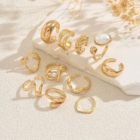 10Pcs Stack Chunky Gold Geometry Pearl Rings for Women, Fashion Oval Wavy Huggie Baroque Pearls Knuckle Finger Ring Delicate Hippie Party Prom Jewelry in Kuwait
