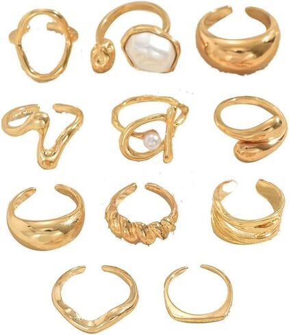 10Pcs Stack Chunky Gold Geometry Pearl Rings for Women, Fashion Oval Wavy Huggie Baroque Pearls Knuckle Finger Ring Delicate Hippie Party Prom Jewelry in Kuwait