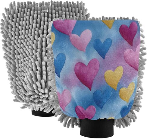 قفاز غسيل السيارات من AIXIWAWA، قفاز غسيل بألوان مائية، قلوب مطبوعة، خالية من الخدوش، ماصة للماء، 2 عبوة كبيرة in Kuwait