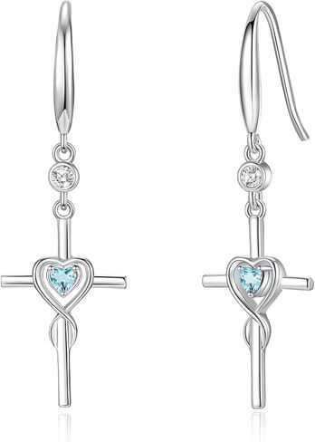 FANCIME Gift for Women Cross Dangle Drop Earrings 925 Sterling Silver Heart Birthstone Earring Fine Jewelry Birthday Gifts for Her Women in Saudi Arabia