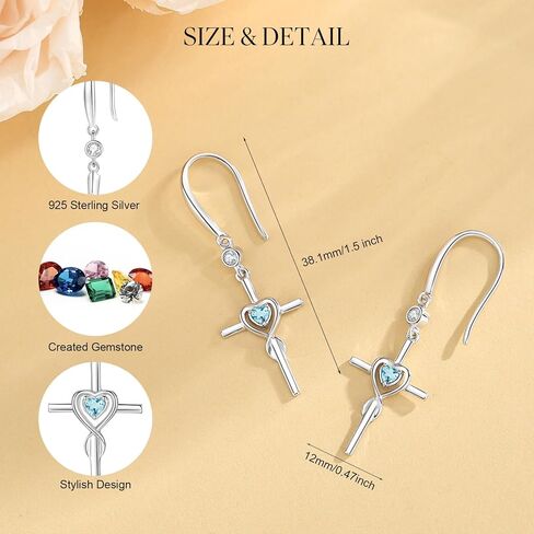 FANCIME Gift for Women Cross Dangle Drop Earrings 925 Sterling Silver Heart Birthstone Earring Fine Jewelry Birthday Gifts for Her Women in Saudi Arabia
