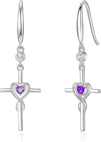 FANCIME Gift for Women Cross Dangle Drop Earrings 925 Sterling Silver Heart Birthstone Earring Fine Jewelry Birthday Gifts for Her Women in Saudi Arabia