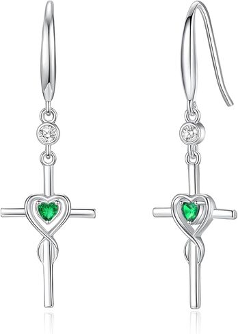 FANCIME Gift for Women Cross Dangle Drop Earrings 925 Sterling Silver Heart Birthstone Earring Fine Jewelry Birthday Gifts for Her Women in Saudi Arabia