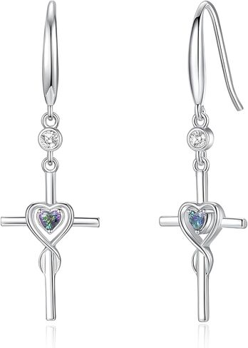 FANCIME Gift for Women Cross Dangle Drop Earrings 925 Sterling Silver Heart Birthstone Earring Fine Jewelry Birthday Gifts for Her Women in Saudi Arabia