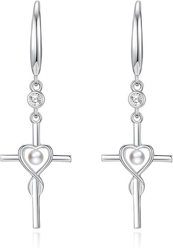 FANCIME Gift for Women Cross Dangle Drop Earrings 925 Sterling Silver Heart Birthstone Earring Fine Jewelry Birthday Gifts for Her Women in Saudi Arabia