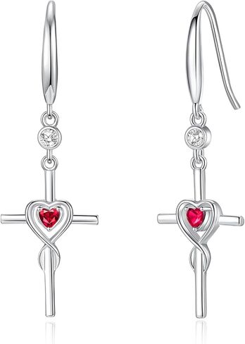 FANCIME Gift for Women Cross Dangle Drop Earrings 925 Sterling Silver Heart Birthstone Earring Fine Jewelry Birthday Gifts for Her Women in Saudi Arabia