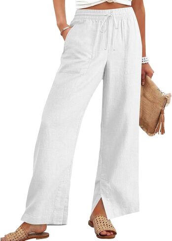 Womens Wide Leg Palazzo Linen Pants Split Ankle Casual Lounge Beach Vacation Pants 2026 Spring Summer in Kuwait