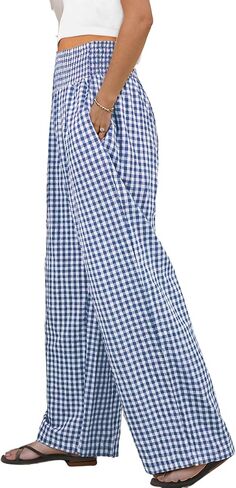 سروال Murandick النسائي العصري المخطط Gingham Palazzo - بنطال صالة كاجوال لطيف عالي الخصر وواسع الساق مع جيوب in Kuwait