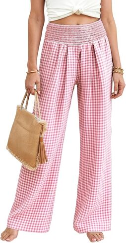 Murandick Women's Trendy Striped Gingham Palazzo Pants - High Waisted Wide Leg Cute Casual Lounge Trousers with Pockets in Saudi Arabia