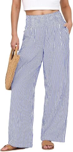 Murandick Women's Trendy Striped Gingham Palazzo Pants - High Waisted Wide Leg Cute Casual Lounge Trousers with Pockets in Saudi Arabia
