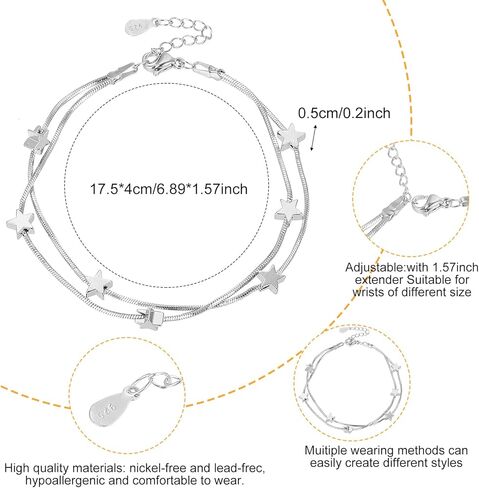نجوم سحر سوار للنساء، نجوم فضية سلسلة مزدوجة سوار مطرز نجمة الحد الأدنى أساور السماوية الكاحل أساور لذيذ سلسلة هدايا مجوهرات بسيطة للنساء المراهقات in Kuwait