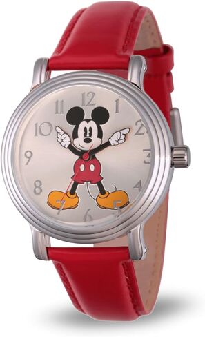 Disney Officially Licensed Mickey Mouse Watch, Classic Mickey Mouse Watches for Women, Stylish Timepiece Fans - Women's Watch with White Dial, Silver Case & Red Leather Strap in Saudi Arabia