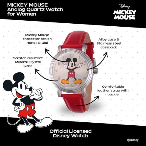 Disney Officially Licensed Mickey Mouse Watch, Classic Mickey Mouse Watches for Women, Stylish Timepiece Fans - Women's Watch with White Dial, Silver Case & Red Leather Strap in Saudi Arabia