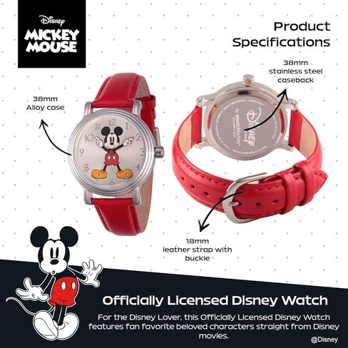 Disney Officially Licensed Mickey Mouse Watch, Classic Mickey Mouse Watches for Women, Stylish Timepiece Fans - Women's Watch with White Dial, Silver Case & Red Leather Strap in Saudi Arabia