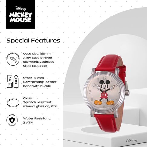 Disney Officially Licensed Mickey Mouse Watch, Classic Mickey Mouse Watches for Women, Stylish Timepiece Fans - Women's Watch with White Dial, Silver Case & Red Leather Strap in Saudi Arabia