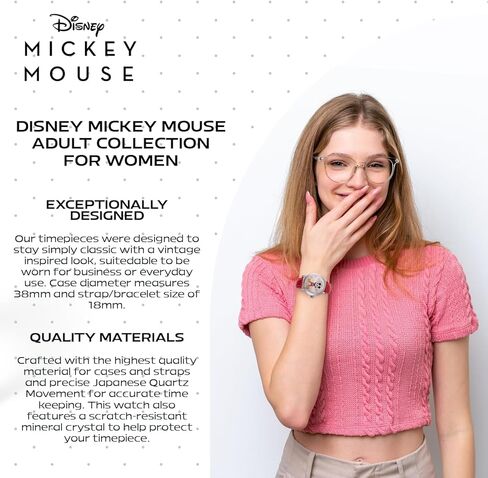 Disney Officially Licensed Mickey Mouse Watch, Classic Mickey Mouse Watches for Women, Stylish Timepiece Fans - Women's Watch with White Dial, Silver Case & Red Leather Strap in Saudi Arabia