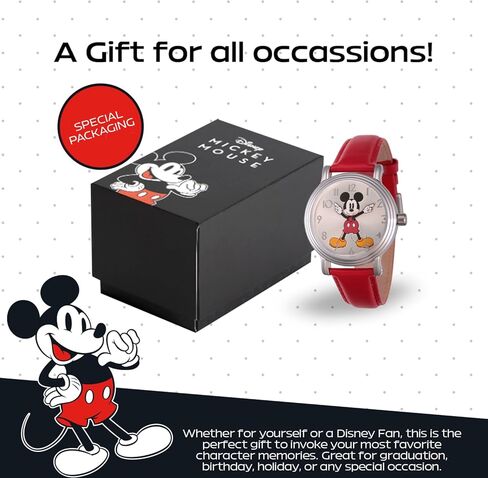 Disney Officially Licensed Mickey Mouse Watch, Classic Mickey Mouse Watches for Women, Stylish Timepiece Fans - Women's Watch with White Dial, Silver Case & Red Leather Strap in Saudi Arabia