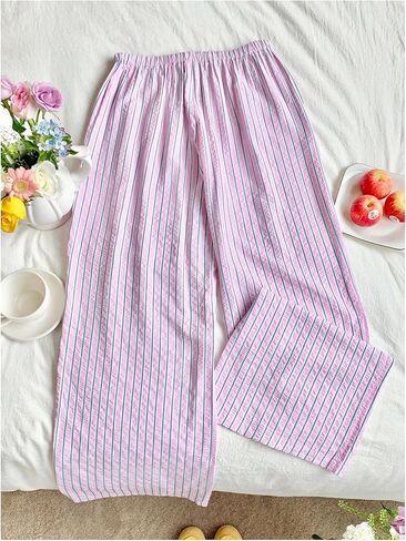 MakeMeChic Women's Striped Straight Leg Pants Drawstring Elastic Waist Baggy Trousers in Kuwait