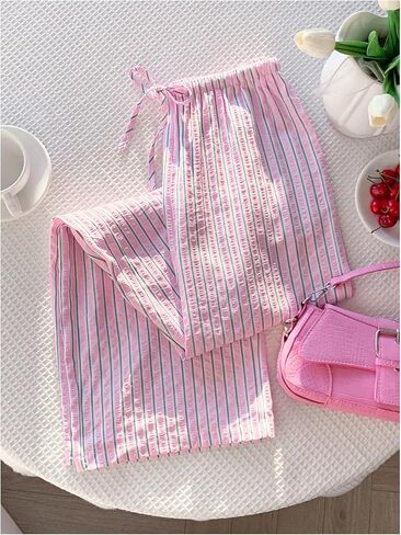 MakeMeChic Women's Striped Straight Leg Pants Drawstring Elastic Waist Baggy Trousers in Kuwait