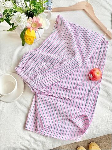 MakeMeChic Women's Striped Straight Leg Pants Drawstring Elastic Waist Baggy Trousers in Kuwait