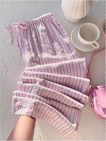 MakeMeChic Women's Striped Straight Leg Pants Drawstring Elastic Waist Baggy Trousers in Kuwait
