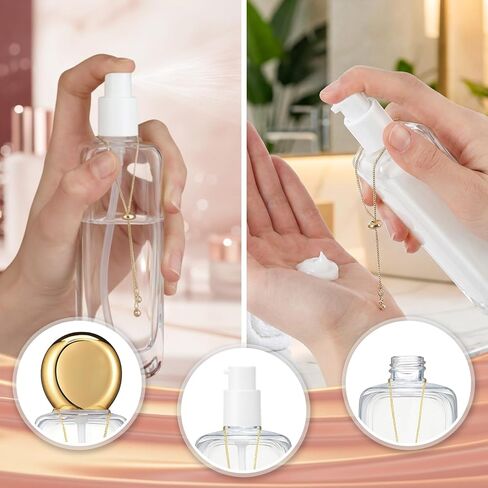 4 قطع من الزجاجات الفاخرة سعة 4 أونصة مع مضخة زجاجية مع زجاجة رذاذ بسلسلة ذهبية وقارورة سفر مع رأسين مضخة بلاستيكية ورأسين لرش الماء الزيتي (شفاف) in Kuwait