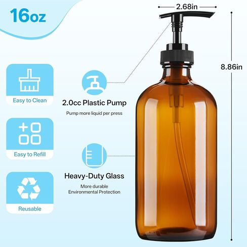 زجاجات توزيع زجاج كهرمان عبوتين، موزع صابون زجاجي كهرماني قابل لإعادة الملء مع مضخة، حاويات زجاجية بنية للمطبخ والحمام - صابون الأطباق واللوشن والشامبو والبلسم وغسول الجسم in Kuwait