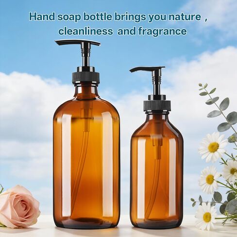 زجاجات توزيع زجاج كهرمان عبوتين، موزع صابون زجاجي كهرماني قابل لإعادة الملء مع مضخة، حاويات زجاجية بنية للمطبخ والحمام - صابون الأطباق واللوشن والشامبو والبلسم وغسول الجسم in Kuwait