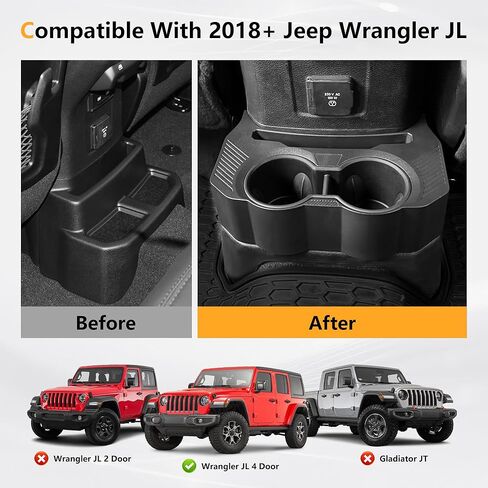Rear Cup Holder Compatible with 2018-2025 Jeep Wrangler JL JLU & Gladiator JT, Rear Seat Storage Box Tray Organizer Floor Console Mounted Drink Holder in Kuwait