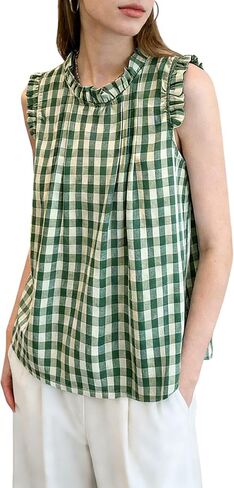 chouyatou Womens Summer Ruffle Sleeve Gingham Cotton Shirt Bowknot Plaid Blouses Pleated Tunic Tank Tops in Saudi Arabia