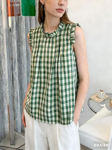 chouyatou Womens Summer Ruffle Sleeve Gingham Cotton Shirt Bowknot Plaid Blouses Pleated Tunic Tank Tops in Saudi Arabia