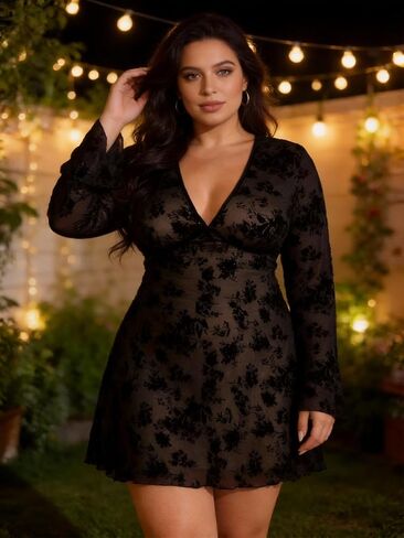 Plus Size Floral Lace Tunic for Women, Long Bell Sleeve V Neck Babydoll Mini Dress with Nude Lining Romantic Sheer Outfits in Saudi Arabia
