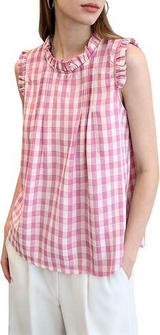 chouyatou Womens Summer Ruffle Sleeve Gingham Cotton Shirt Bowknot Plaid Blouses Pleated Tunic Tank Tops in Saudi Arabia
