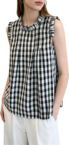chouyatou Womens Summer Ruffle Sleeve Gingham Cotton Shirt Bowknot Plaid Blouses Pleated Tunic Tank Tops in Saudi Arabia