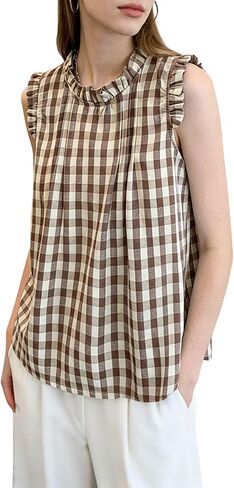 chouyatou Womens Summer Ruffle Sleeve Gingham Cotton Shirt Bowknot Plaid Blouses Pleated Tunic Tank Tops in Saudi Arabia