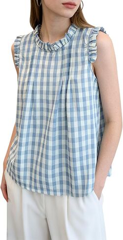 chouyatou Womens Summer Ruffle Sleeve Gingham Cotton Shirt Bowknot Plaid Blouses Pleated Tunic Tank Tops in Saudi Arabia