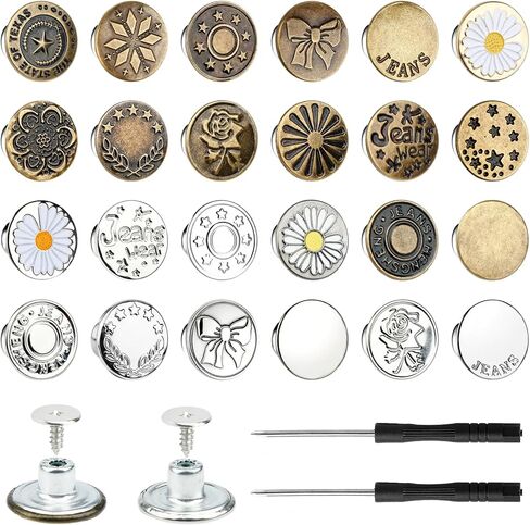 60 Sets Buttons for loose Jeans,17mm+20mm No Sew Metal Button Extenders for Jeans,10 Patterns Adjustable and Reusable Instant Jean Button Replacement Kits Include Combo Thread Rivets and Screwdrivers in Kuwait