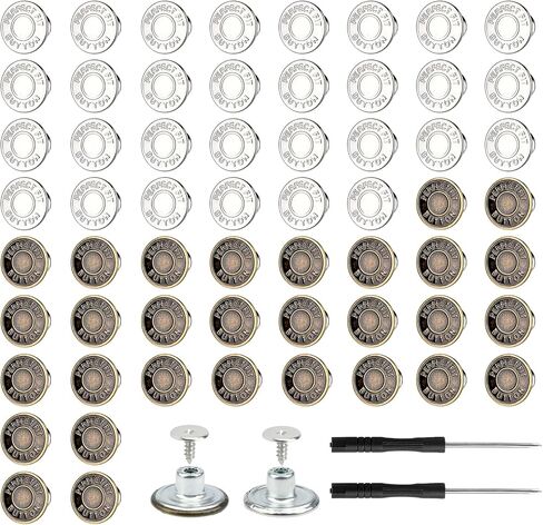 60 Sets Buttons for loose Jeans,17mm+20mm No Sew Metal Button Extenders for Jeans,10 Patterns Adjustable and Reusable Instant Jean Button Replacement Kits Include Combo Thread Rivets and Screwdrivers in Saudi Arabia