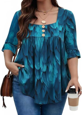 Siddhe Womens Plus Size Tops 3/4 Ruffle Sleeve Loose Fit Blouses Button Square Neck Shirt Casual Pleated Tunic Tops(1X-5X) in Kuwait