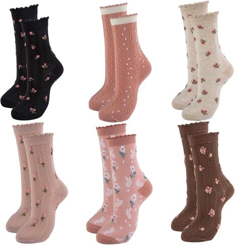 6 أزواج لطيف الأزهار كشكش طاقم الجوارب النساء ، زهرة مكشكش الكاحل الجوارب تنفس القطن الخس خمر نمط جوارب بأشكال مضحكة الولايات المتحدة 5-10 in Kuwait