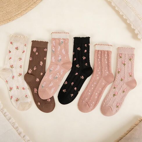 6 أزواج لطيف الأزهار كشكش طاقم الجوارب النساء ، زهرة مكشكش الكاحل الجوارب تنفس القطن الخس خمر نمط جوارب بأشكال مضحكة الولايات المتحدة 5-10 in Kuwait