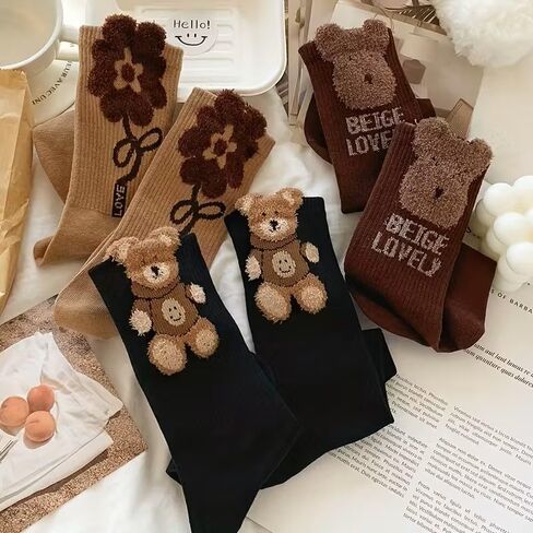 3 Pairs of Women'S Autumn And Winter Mid-Calf Socks with 3D Floral Cartoon Bear Design in Saudi Arabia