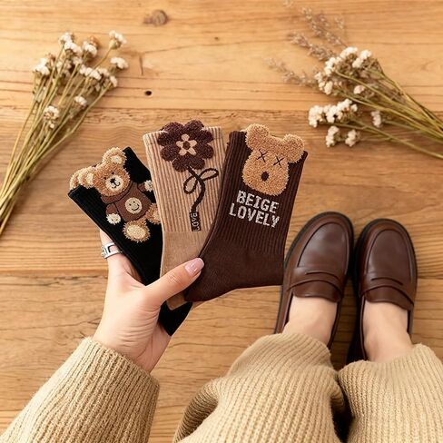 3 Pairs of Women'S Autumn And Winter Mid-Calf Socks with 3D Floral Cartoon Bear Design in Saudi Arabia