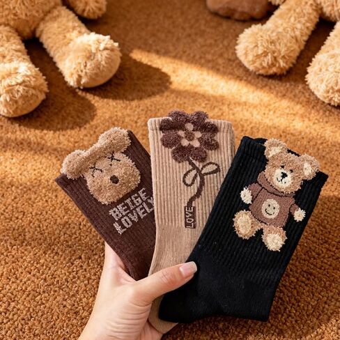 3 Pairs of Women'S Autumn And Winter Mid-Calf Socks with 3D Floral Cartoon Bear Design in Saudi Arabia