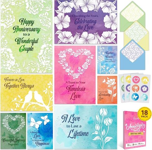 Decorably 18 Pack Foiled 5x7in Textured Happy Anniversary Cards for Couples with Envelopes and Stickers, 9 Lovely Designs for Parents, Grandparents, with Printed Message Inside - Gifting, Mailing in Saudi Arabia